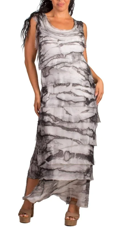 Comfort Meets Fashion Washed Tie Dye Print Sleeveless Silk Ruffle Dress In Charcoal Save on Inspired Styles