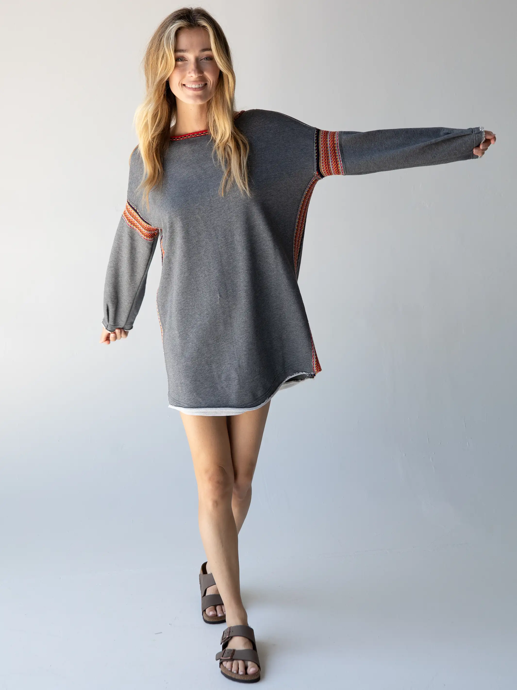 The Good Stuff Reversible Trim Sweatshirt Dress - Heather Grey Romantic Detailing