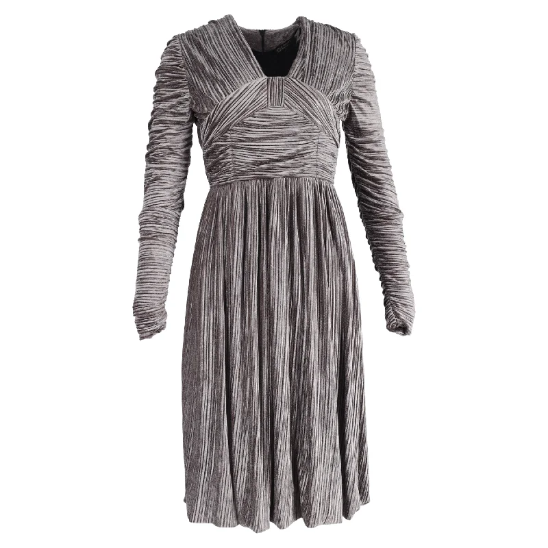 Classic Modern Offers Burberry Pleated Knee-Length Long Sleeve Dress in Grey Velvet Great Prices on Feminine Styles