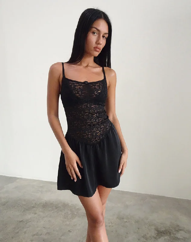 Flash Sales Alunan Slip Dress in Satin Lace Black Alluring Design