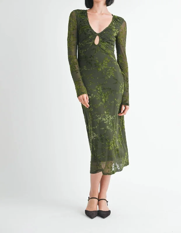 Flirty Fashion Discounts Key Hole Midi Long Sleeve Dress In Green Update with Cottagecore Styles