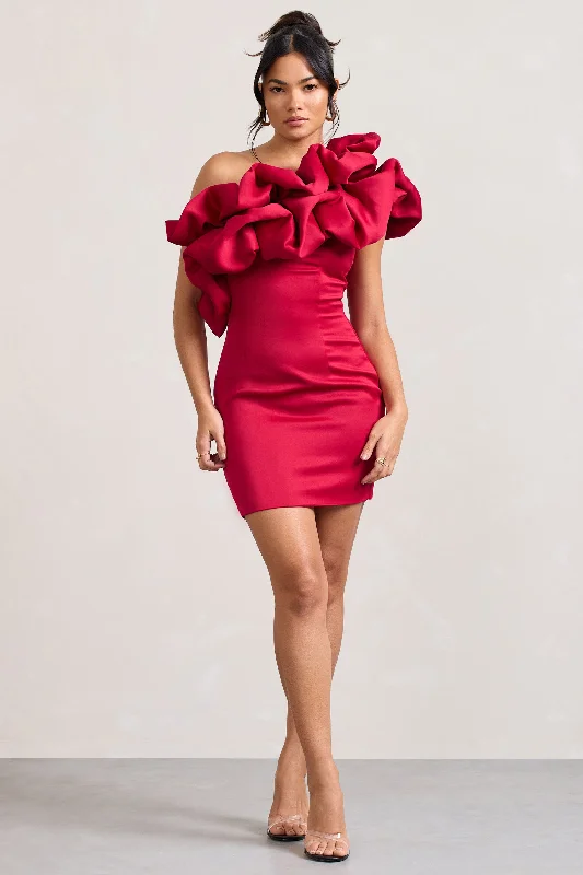 Limited Time Special Offer At The Opera | Red Satin One Shoulder Ruffled Mini Dress Luxury Comfort