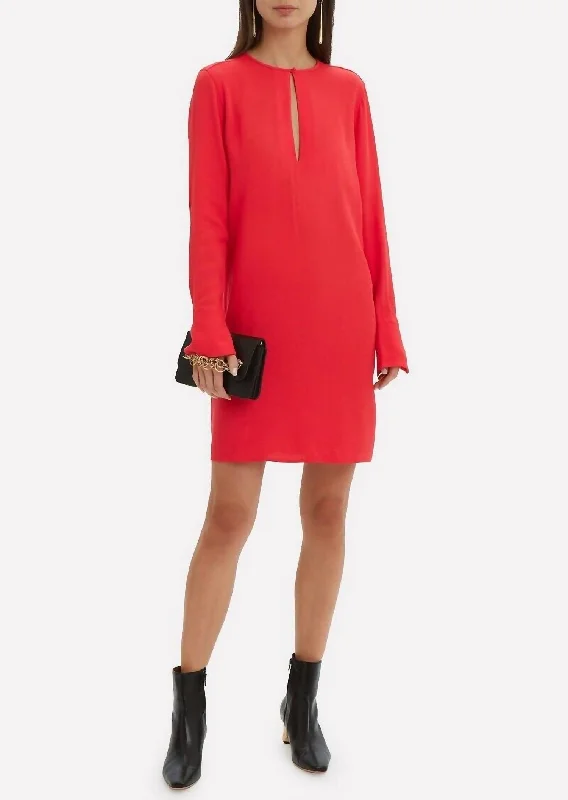 Sustainable Fashion Extravaganza Bonnie Keyhole Long Sleeve Shift Dress In Red Elegant Contour