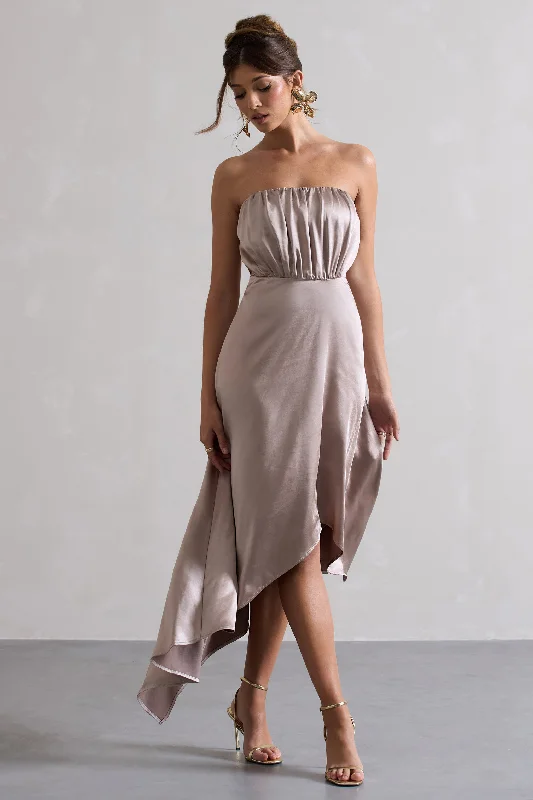 Fashion-Forward Offers Willa | Taupe Satin Bandeau Maxi Dress With Asymmetric Hem Chic Urban Fashion Look