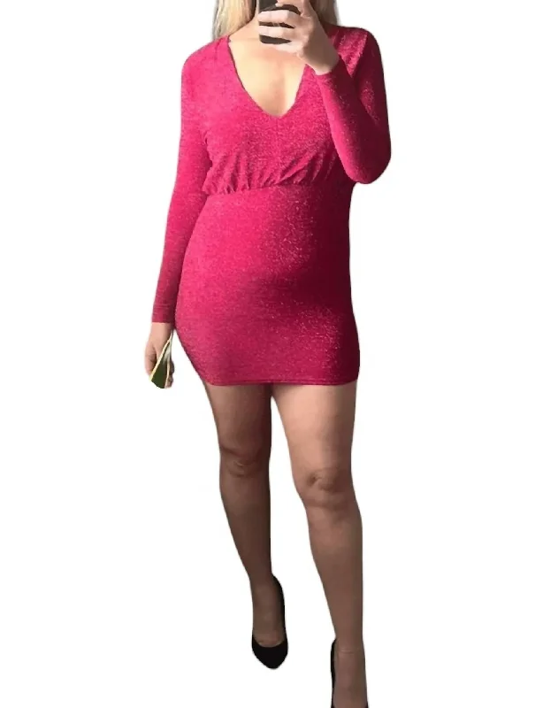 Trendy Fashion Sale Long Sleeve V-Neck Dress In Pink/silver Vintage Elegance