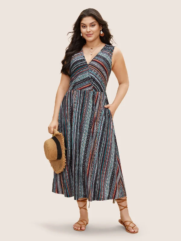 Classic Elegance Sales Overlap Collar Bandana Striped Sleeveless Dress Soft Textures