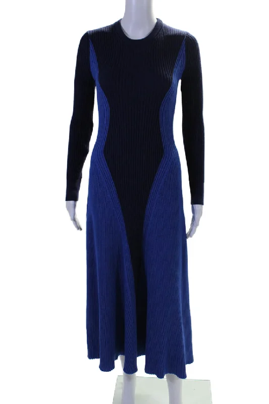 Gift Ideas Alexander McQueen Womens Long Sleeve Ribbed Knit Two Toned Dress Blue Wool Small Final Clearance