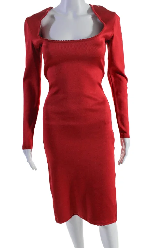 Seasonal Style Discounts Alaia Womens Scoop Neck Long Sleeves A Line Body Con Dress Red Romantic Detailing