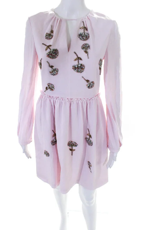 Smart Casual Deals Dice Kayek Women's Long Sleeve With Rhinestone Beaded Flower Dress Pink Chic Allure