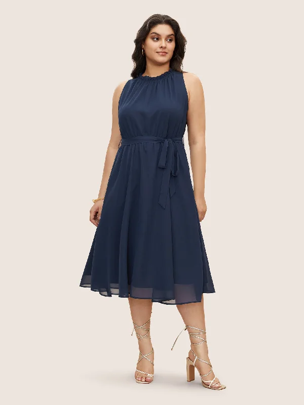 Exclusive Designer Style Deals Plain Sleeveless Frill Trim Pocket Belted Mock Neck Dress Elegant Contour