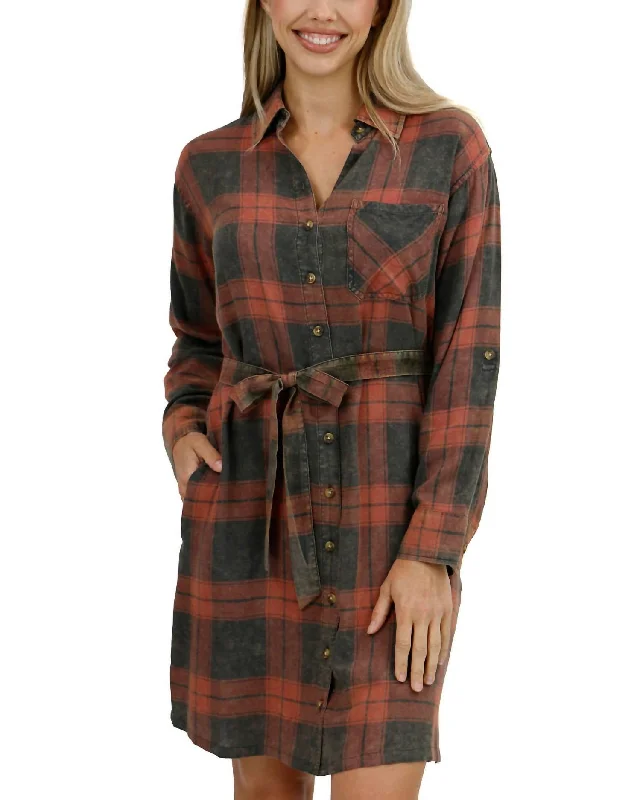 Step Ahead, Lead The Trend Aspen Plaid Shirt Dress In Washed Black/rust Plaid Lightweight Fabric