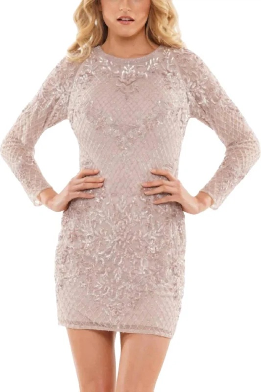 New Styles Just In Beaded Long Sleeve Cocktail Dress In Champagne Big Savings on Minimalist Office Styles