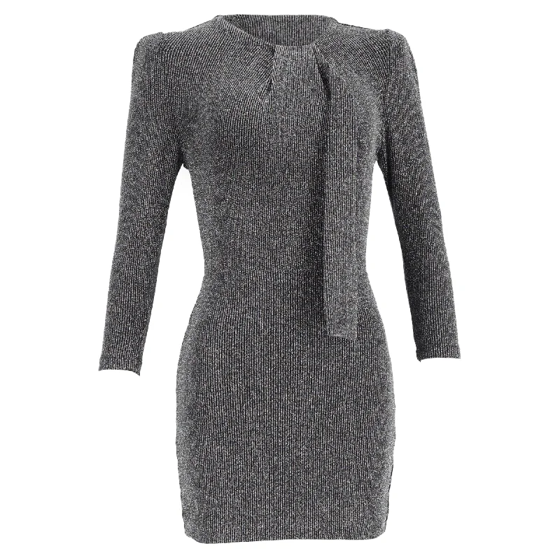 Inspired By You, Designed For You Iro Perk Knitted Mini Tie-Neck Long Sleeve Dress in Metallic Silver Nylon Chic Allure