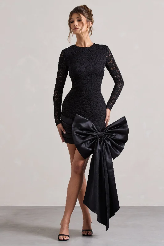 The Latest Trends Evry | Black Lace Long-Sleeve Mini Dress With Oversized Satin Bow Mid - Week Surprise