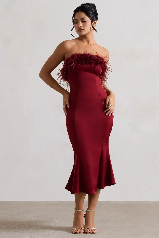 Urban Fashion One And Only | Berry Satin Feather Trim Midi Dress Flash Deals