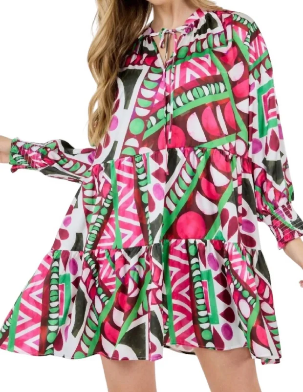 Buy More, Save More Neck Bow Tie Long Sleeve Dress In Lipstick Multi Now on Sale for Chic Urban Styles