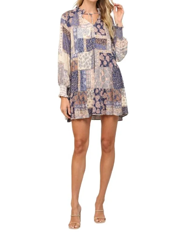 Style Upgrade Patchwork Print Long Sleeve Dress In Blue Grab Romantic Date - Night Styles Now