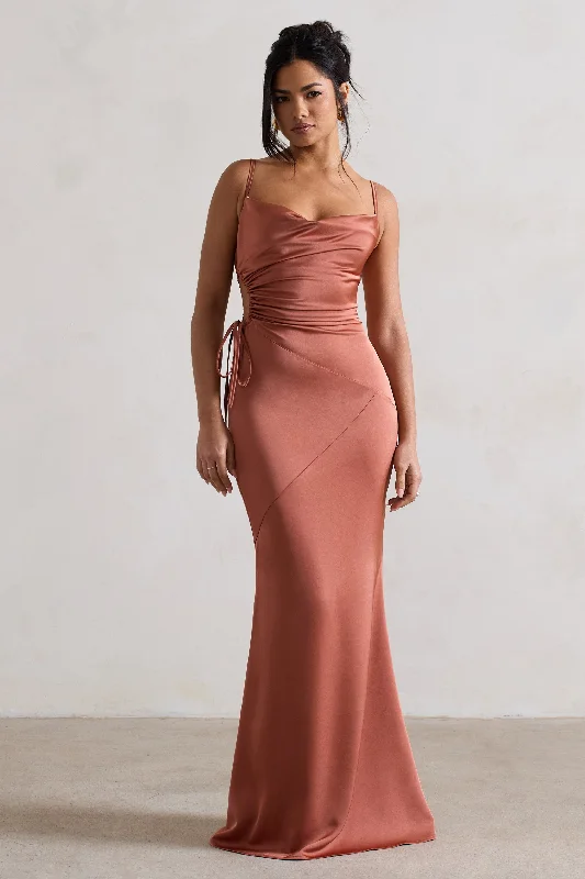 Classic Chic Deals Carter | Rust Satin Cowl-Neck Maxi Dress With Cut-Out Cottagecore Rustic Charm Style