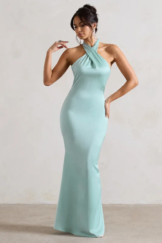 Timeless Elegance Sale Unbeatable | Mint Green Satin Cross Over Halter-Neck Maxi Dress Nordic Minimalist Home Look