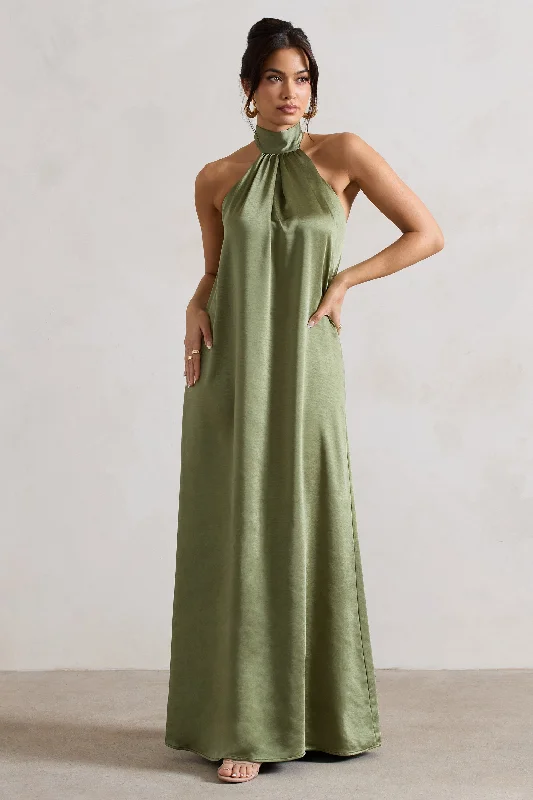 Style Breakthroughs Gloriana | Olive Green Satin High-Neck Maxi Dress Luxe Layering