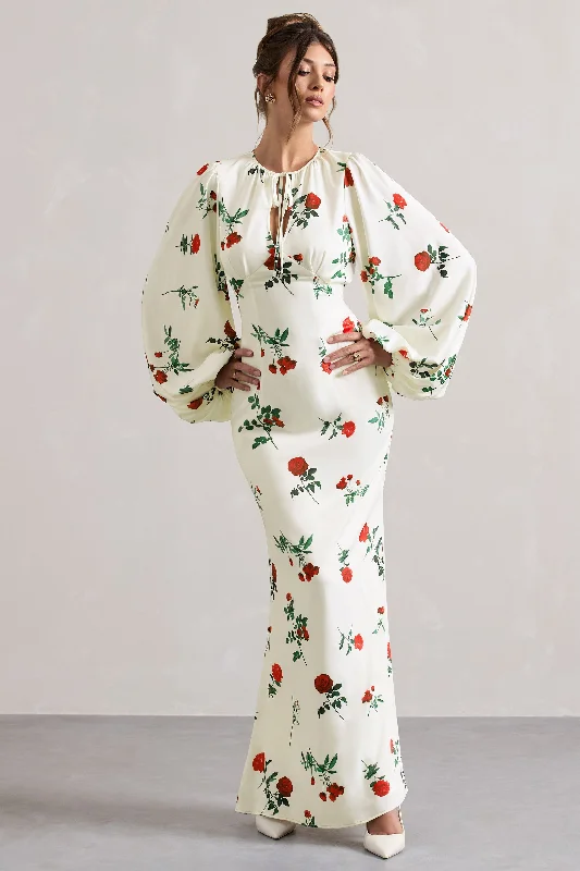 Seize Bargains Wild Rose | Rose Print Satin Puff-Sleeve Cut-Out Maxi Dress Minimalist Chic