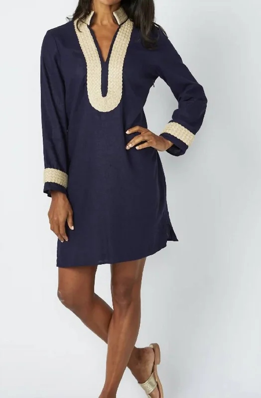 Urban Elegance Deals Navy Long Sleeve Classic Tunic With Metallic Rope Trim In Navy/gold Limited - Time Bundle