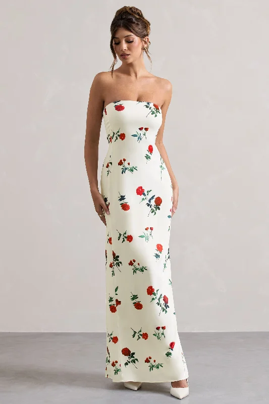 Feminine Luxe Style Sale Azra | Rose Print Satin Bandeau Maxi Dress Limited - Time Bundle