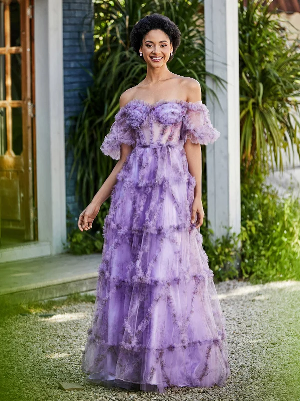 Casual Yet Chic Sales Floral Boho Off Shoulder Ruffle Skirt Tulle Gown Lilac Art Deco Geometric Pattern Look