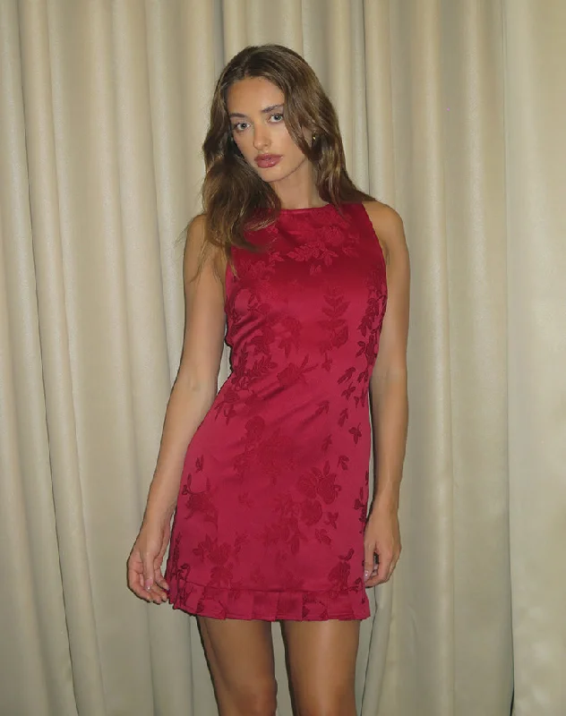 Inspired By You, Designed For You Benian Mini Dress in Satin Jacquard Red Feminine Elegance