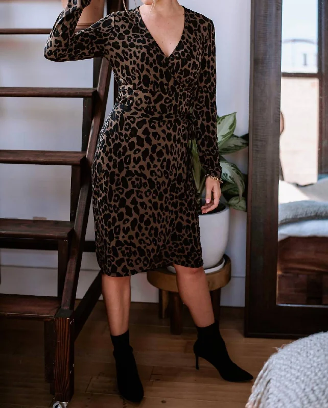 Exclusive Designer Style Deals Amal Long Sleeve Crossover Dress in Brown Leopard Print End - of - Month Blowout