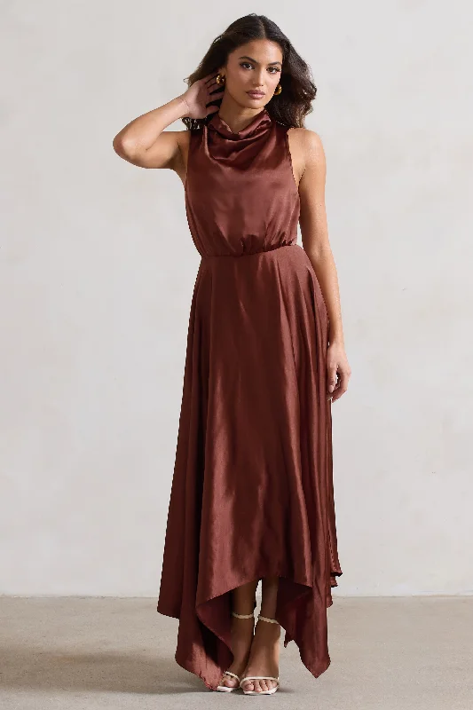 Vintage-Inspired Style Offers Kerri | Chocolate Brown Satin Cowl-Neck Maxi Dress Alluring Design