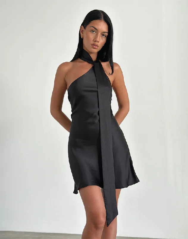 Huge Price Cut Brigid One Shoulder Satin Dress in Black Cottagecore Rustic Charm Style