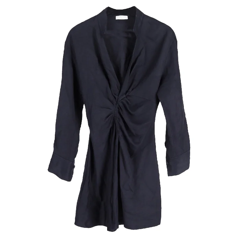 Boutique Styles Sandro Paris Gathered Front Detail Mini Long Sleeve Dress in Navy Blue Viscose Summer Splash Sale