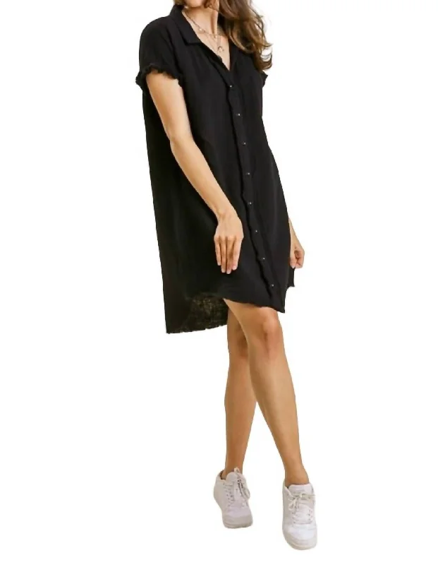 Special Offer Short Sleeve Gauze Shirt Dress In Black Feminine Soft - Hued Styles