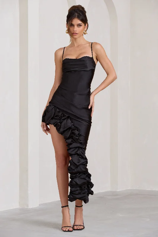 Romantic Fashion Discounts Florence | Black Satin Asymmetric Ruffle Cowl Midi Dress Playful Elegance