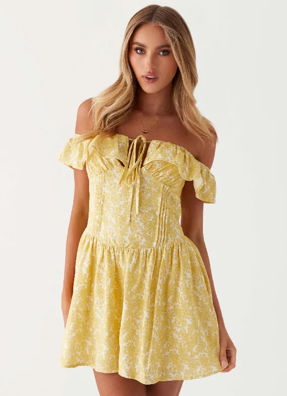 Popular Collection Tarryn Mini Dress - Yellow Floral Disco - Inspired Retro Dance Look