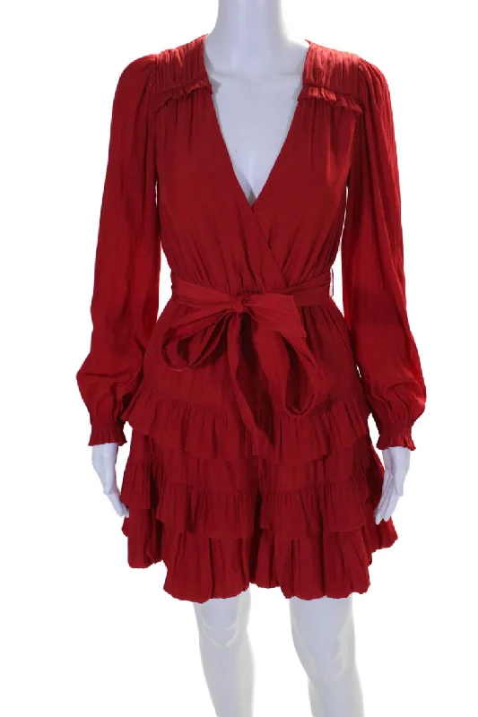 Trendy Women'S Wear Collection Marie Oliver Womens Wynona V Neck Long Sleeve Tiered Ruffle Dress Red Elegant Contour