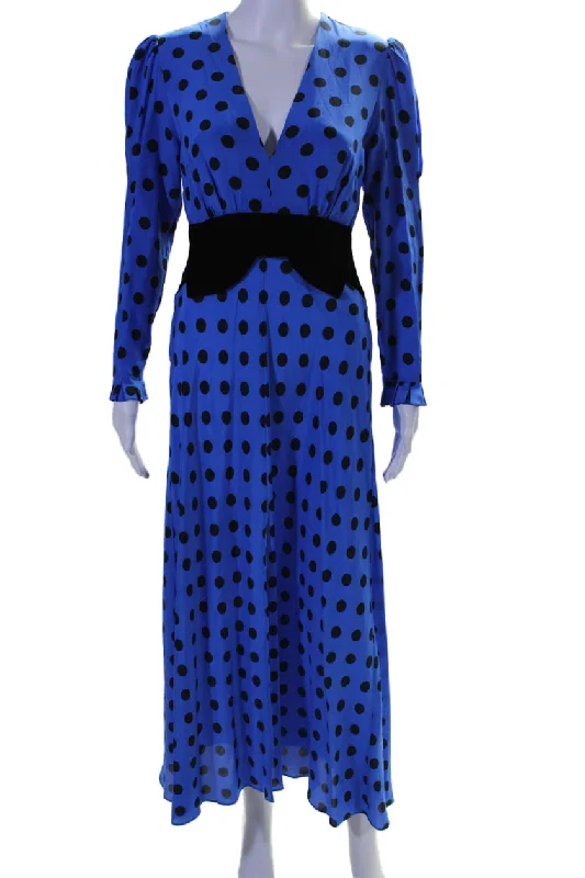 Ride The Style Wave Rixo Womens Silk Polka Dot V Neck Long Sleeves A Line Dress Blue Black Feminine Elegance