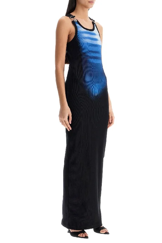 Statement Fashion Offers Jean Paul Gaultier Long Fitted Sleeveless Dress In Black And Blue Ribbed Cotton Feminine Charm