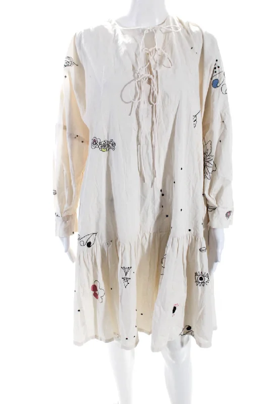 Avant-Garde Style Promotions Mr. Larkin Womens Cream Cotton Embroidered Long Sleeve A-Line Dress Feminine Flow