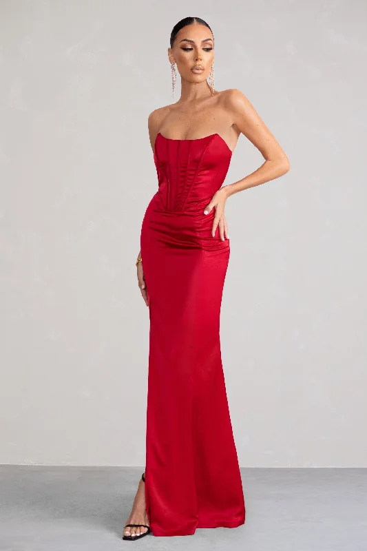 Popular Collection Sensual Notes | Red Satin Strapless Corset Thigh Split Fishtail Maxi Dress Mid - Week Surprise