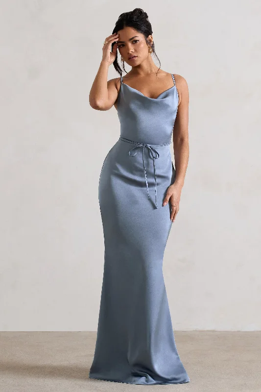 Feminine Style Promotions Lifetime | Slate Blue Satin Cowl Neck Maxi Dress With Cross Back Detail Hollywood Glam Award - Show Style