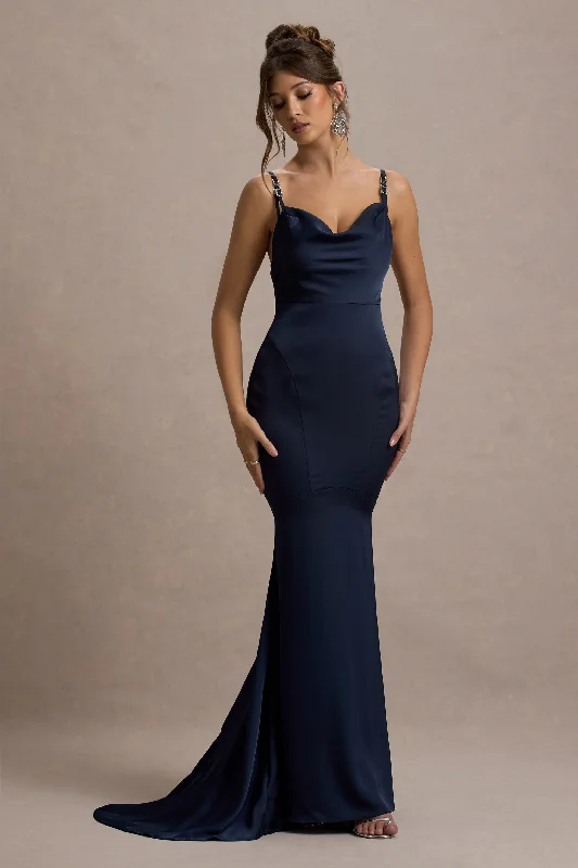 Ends Soon Made With Love | Navy Satin Strappy Fishtail Maxi Dress Beat the Heat in Tropical Styles