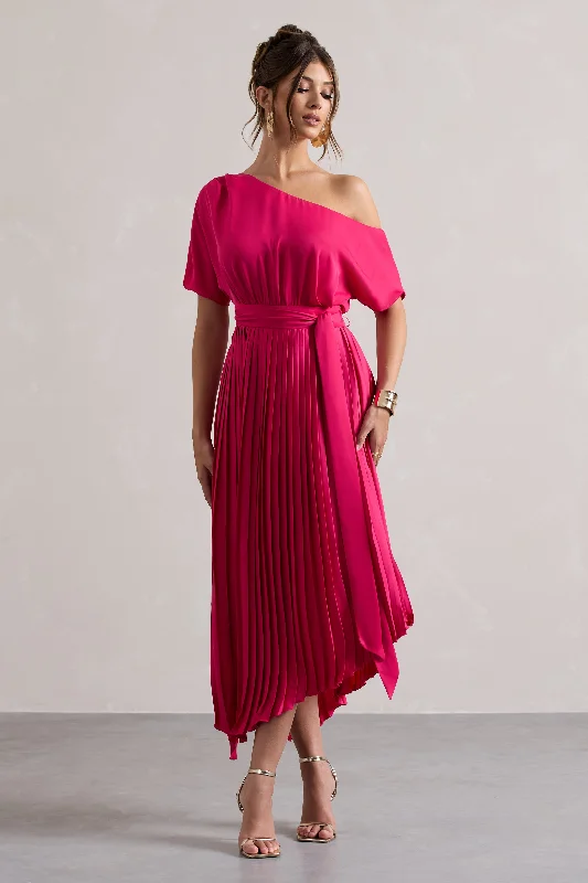 Spring Offer India | Hot Pink Satin Asymmetric Plisse Maxi Dress Coastal Beach - Inspired Style