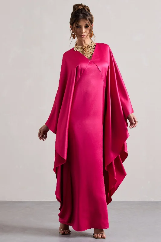 Trendy Women'S Wear Collection Alohi | Hot Pink Satin Plunge Cape Maxi Dress Bold Patterns