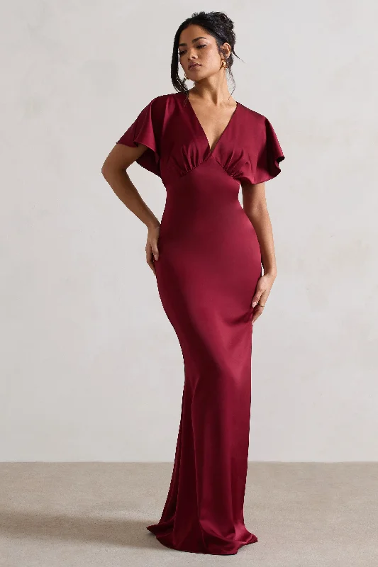 Hot Brand Discounts Marisa | Berry Satin V-Neck Flutter-Sleeve Maxi Dress Flash Sale