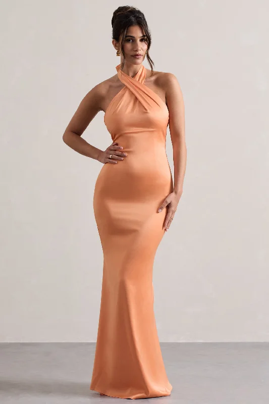 Chic Style, Always In Vogue Unbeatable | Peach Satin Cross Over Halter-Neck Maxi Dress Romantic Detailing