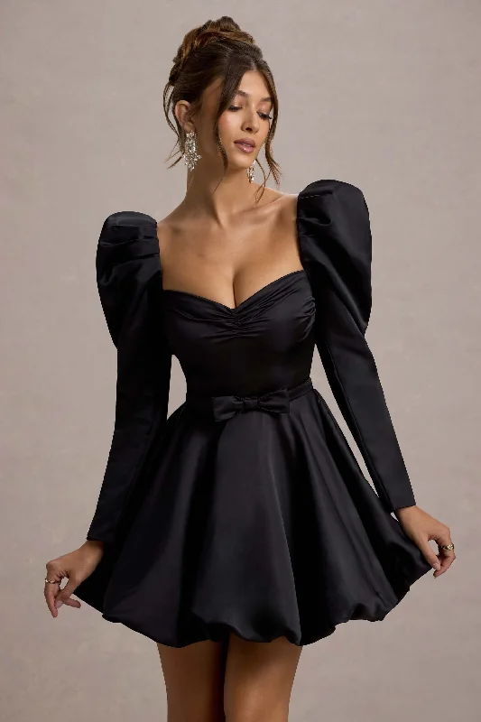 Chic Styles Murphy | Black Satin Belted Mini Dress With Puff Sleeves Parisian Effortless Chic Style