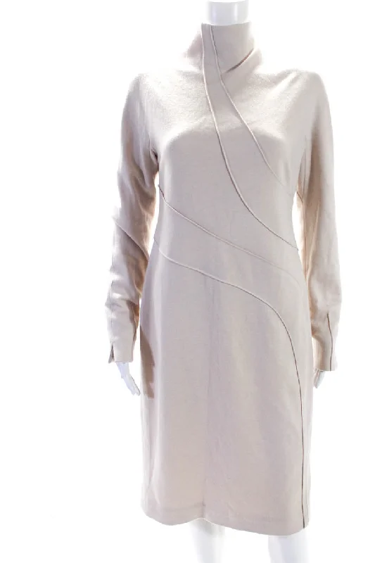 Fashionista Sale Chado Ralph Rucci Womens Mock Neck Long Sleeved Midi Shift Dress Beige Classic Timeless Elegant Style