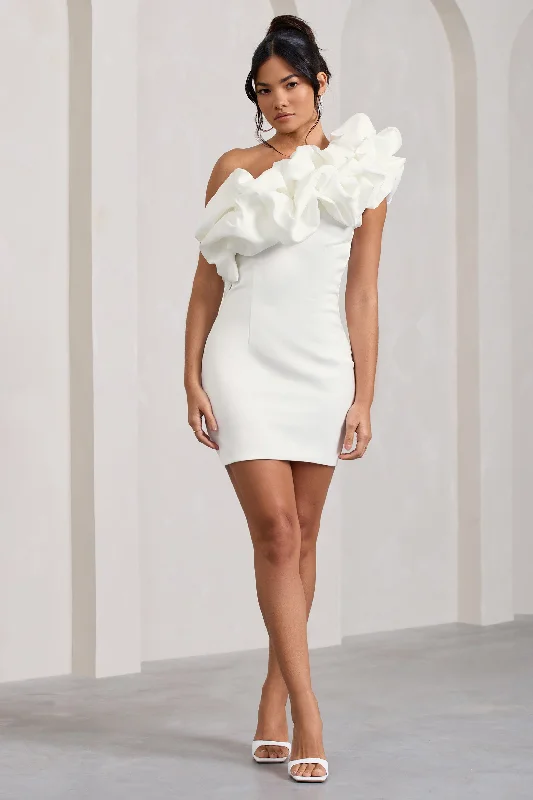 Limited Time Flash Sale At The Opera | White Satin One Shoulder Ruffled Mini Dress Everyday Glamour